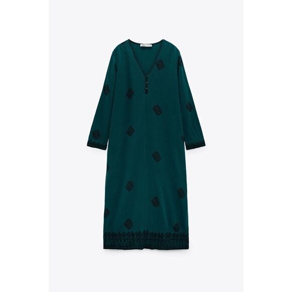 Zara Printed Midi Dress Cotton Green New - Picture 4 of 6